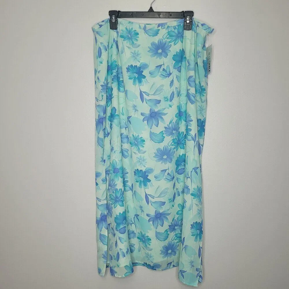 Vintage y2k bright pastel blue floral side slit cute modest preppy skirt 18 NWT
